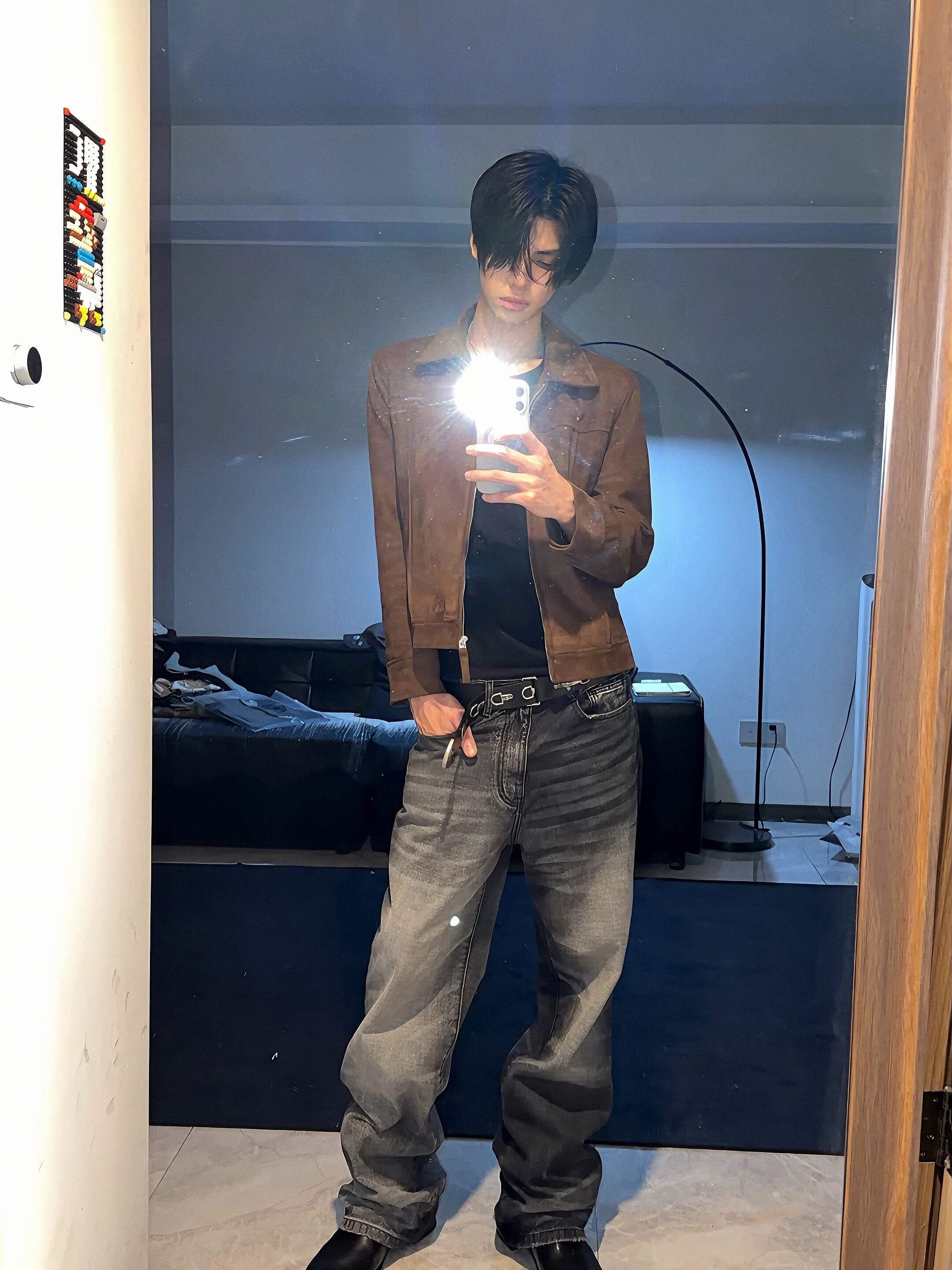 Two-Tone Washed Jeans, Yin-Yang Whisker Denim Pants