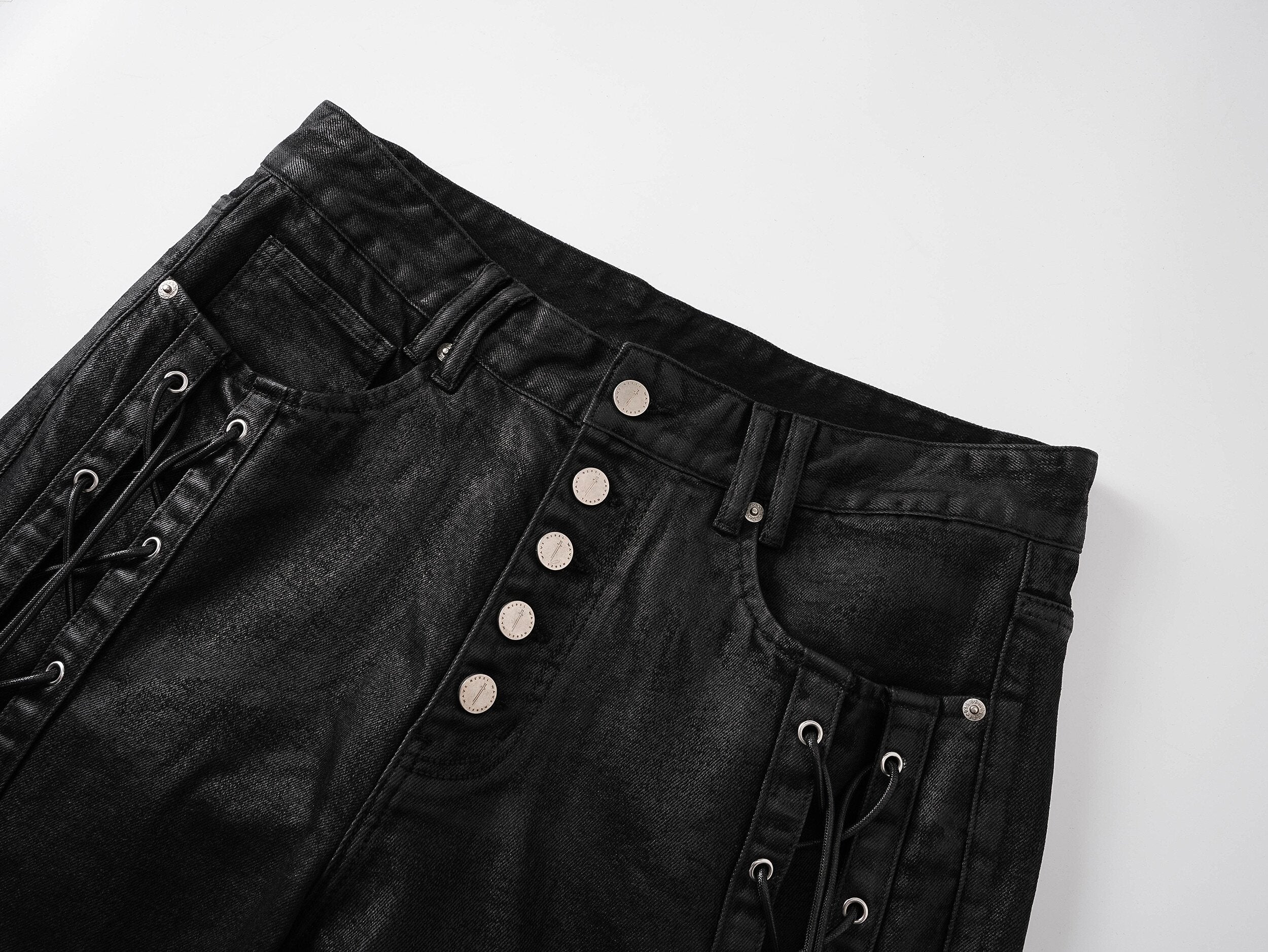 Waxed Straight-Leg Jeans with Wax Coating & Strap Details
