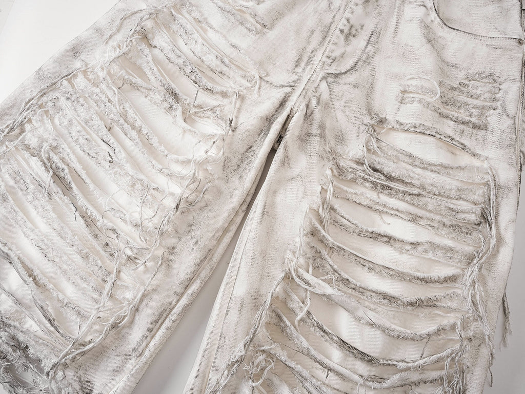 White Distressed Waxed Cropped Wide Leg Pants