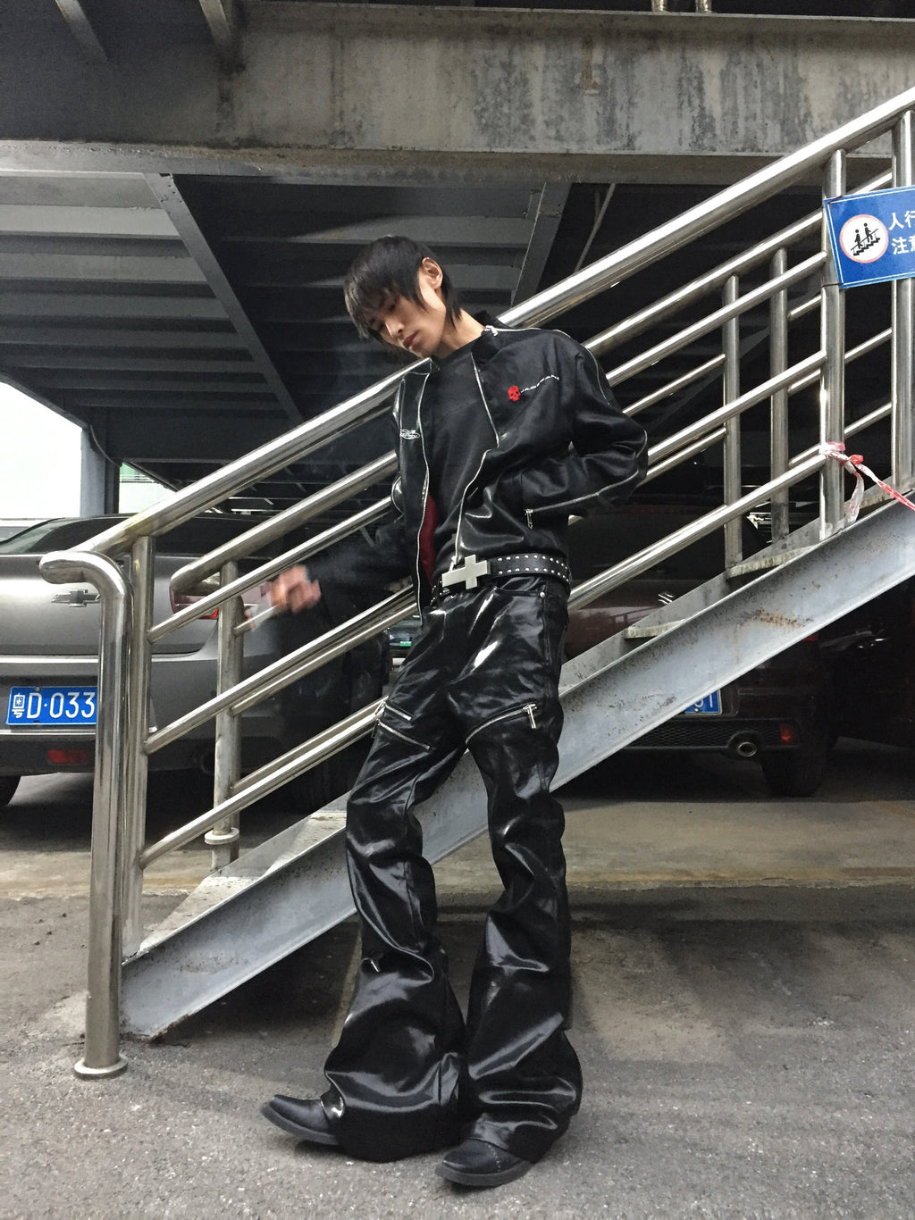 Liquid Metal Coated Wax Pants Flared Jeans