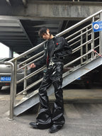 Liquid Metal Coated Wax Pants Flared Jeans