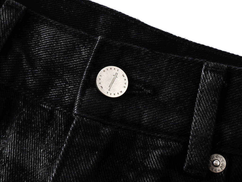 Frayed Fringe Wax‑Coated Denim Flare Pants