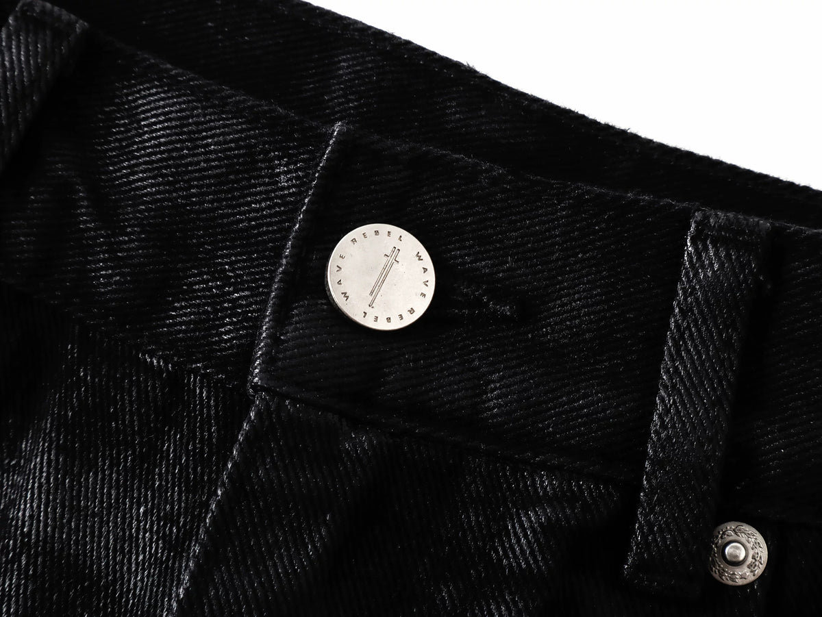 Frayed Fringe Wax‑Coated Denim Flare Pants