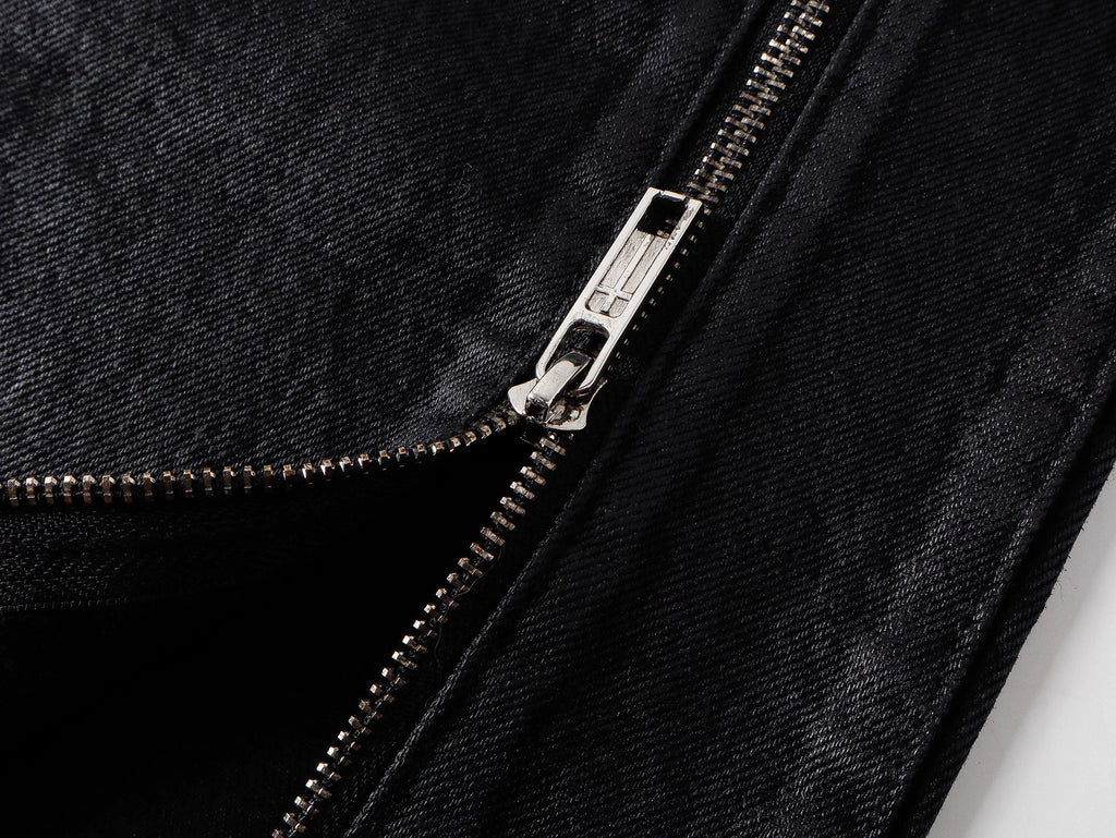 Cross‑Stitch Zip Waxed Denim Flare Pants