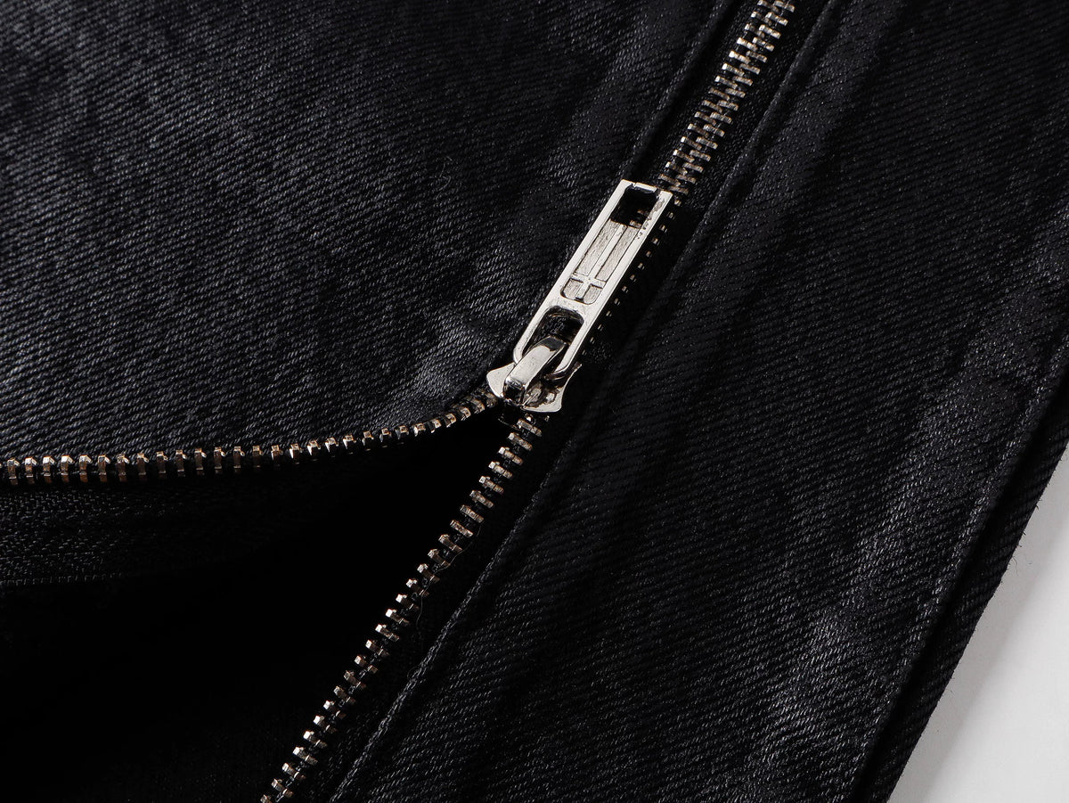 Cross‑Stitch Zip Waxed Denim Flare Pants