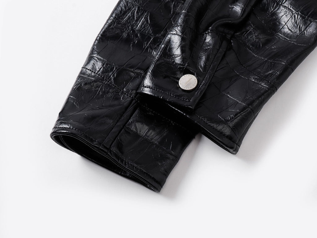 Splatter Distressed Patchwork Croc Leather Jacket, Mixed-Leather Denim Outerwear