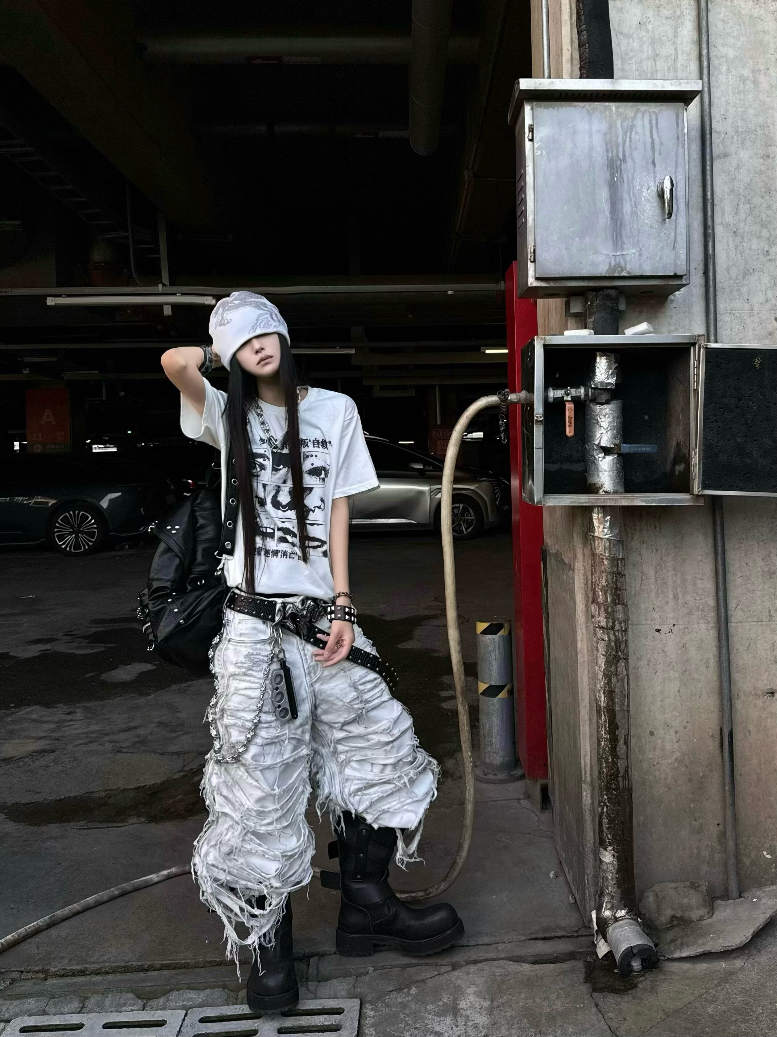 White Distressed Waxed Cropped Wide Leg Pants
