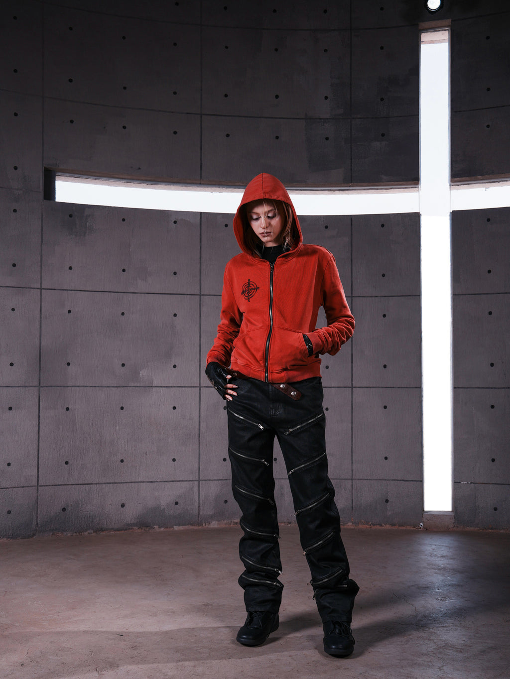 Red Washed Zip-Up Skinny Hoodie