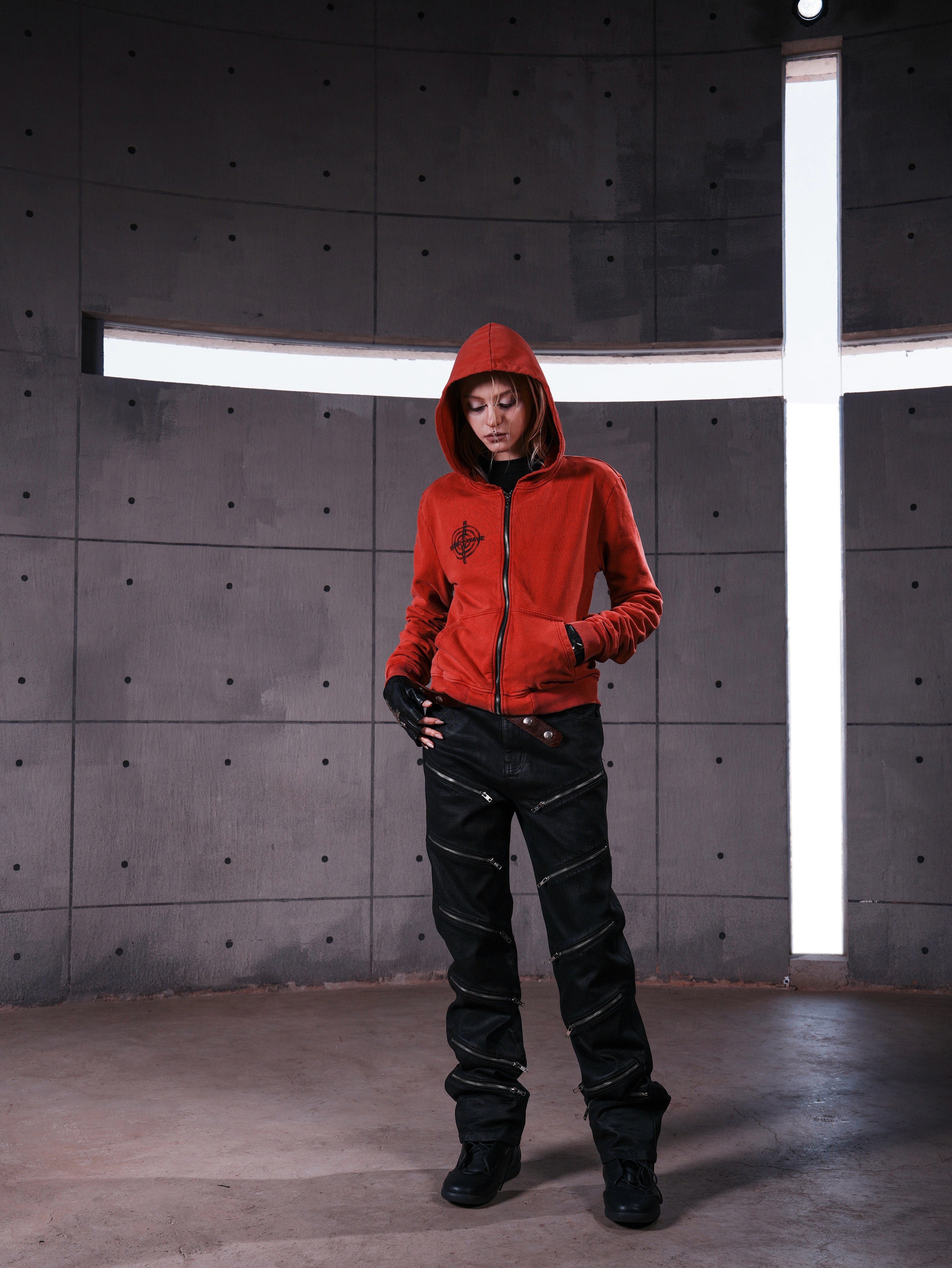 Red Washed Zip-Up Skinny Hoodie