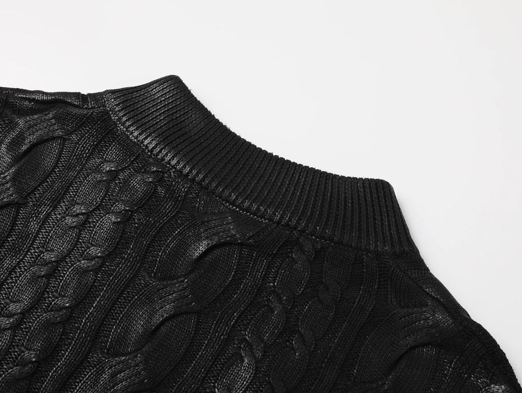 Waxed Cable Knit Sweater, Knit Outer Top with Multi-Zipper Design