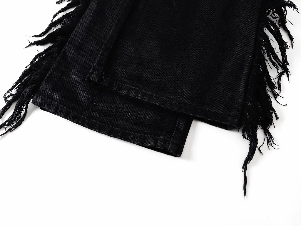 Frayed Fringe Wax‑Coated Denim Flare Pants