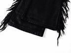 Frayed Fringe Wax‑Coated Denim Flare Pants