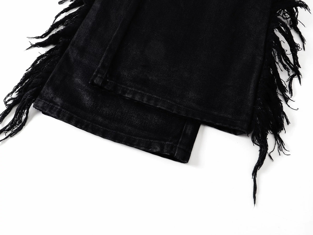 Frayed Fringe Wax‑Coated Denim Flare Pants