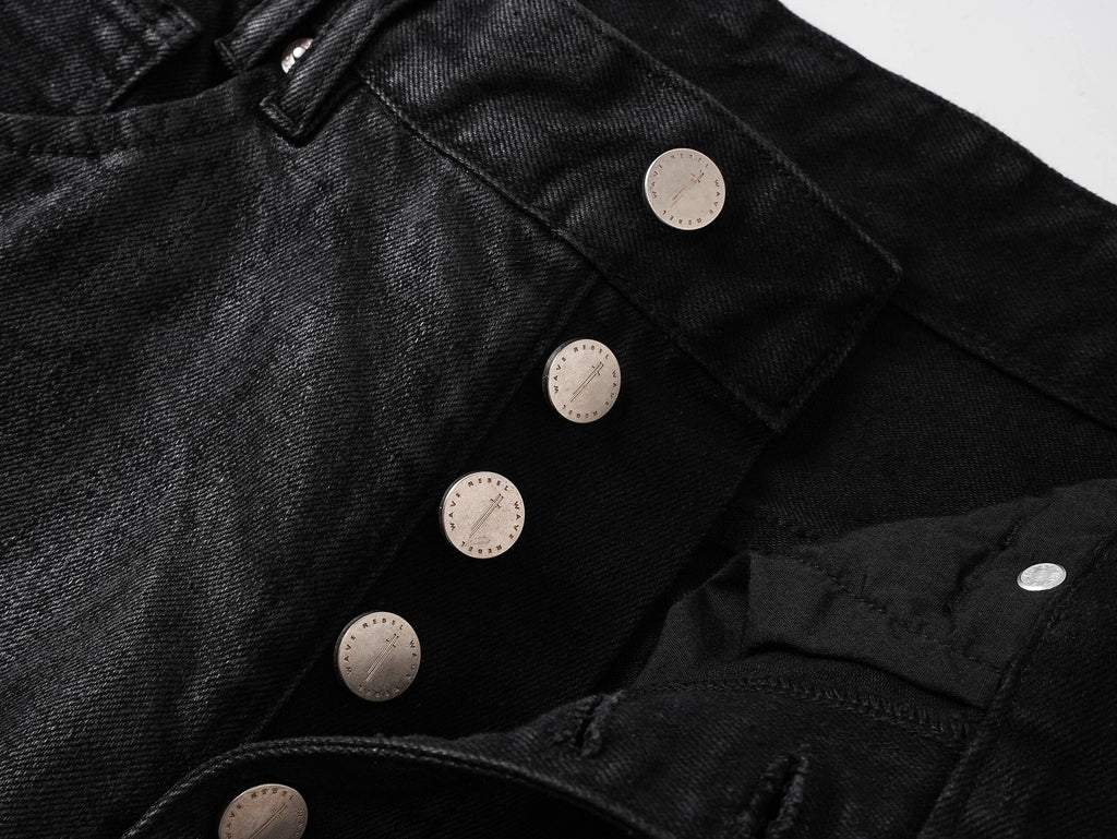 Waxed Straight-Leg Jeans with Wax Coating & Strap Details