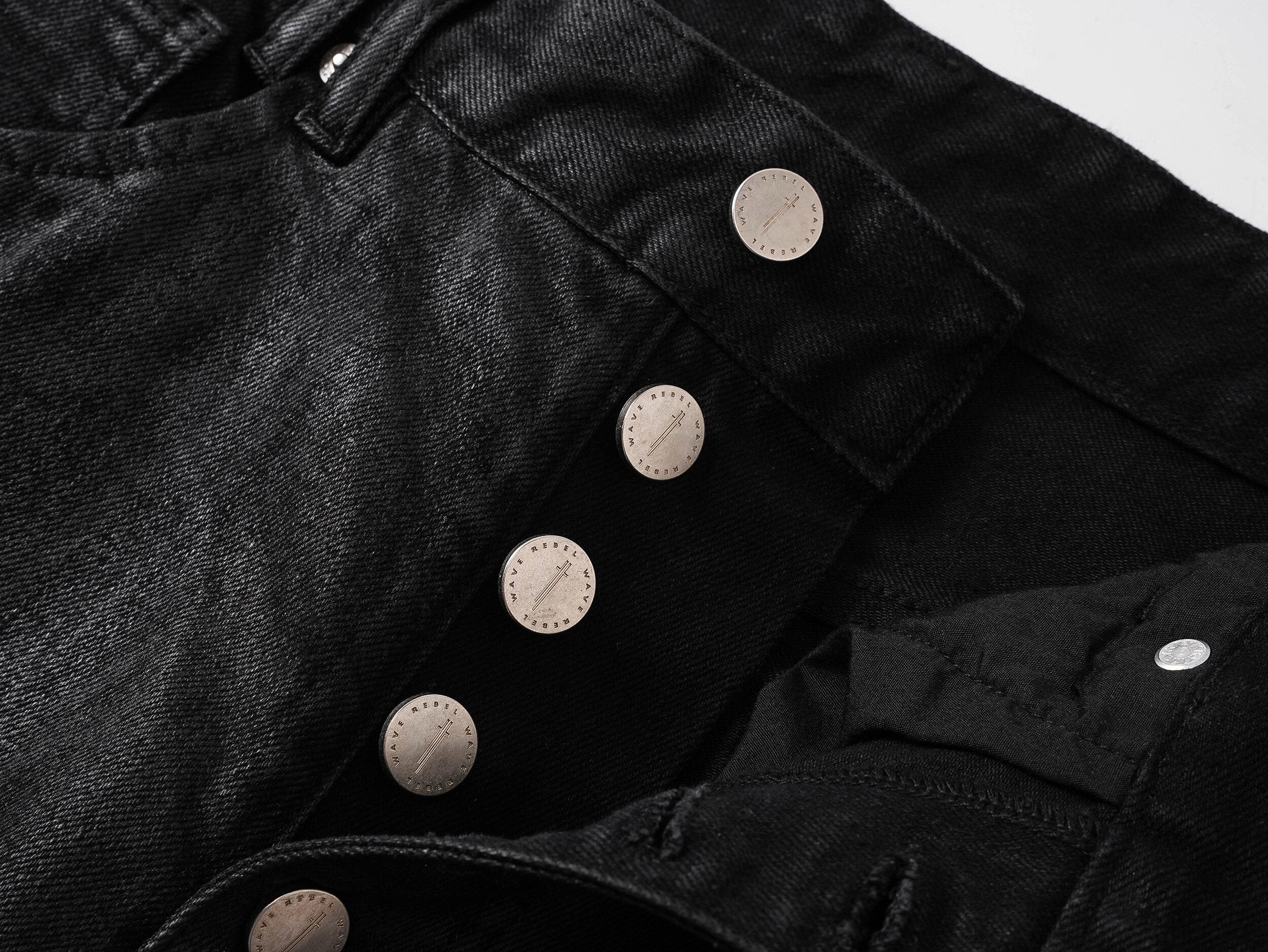 Waxed Straight-Leg Jeans with Wax Coating & Strap Details