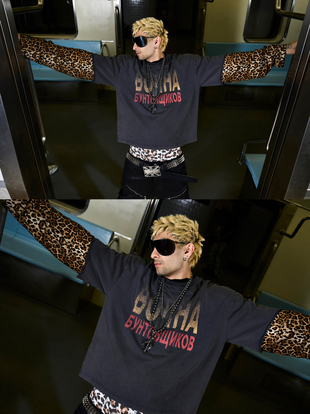 Leopard Print Washed Fake Two-Piece Long Sleeve Tee