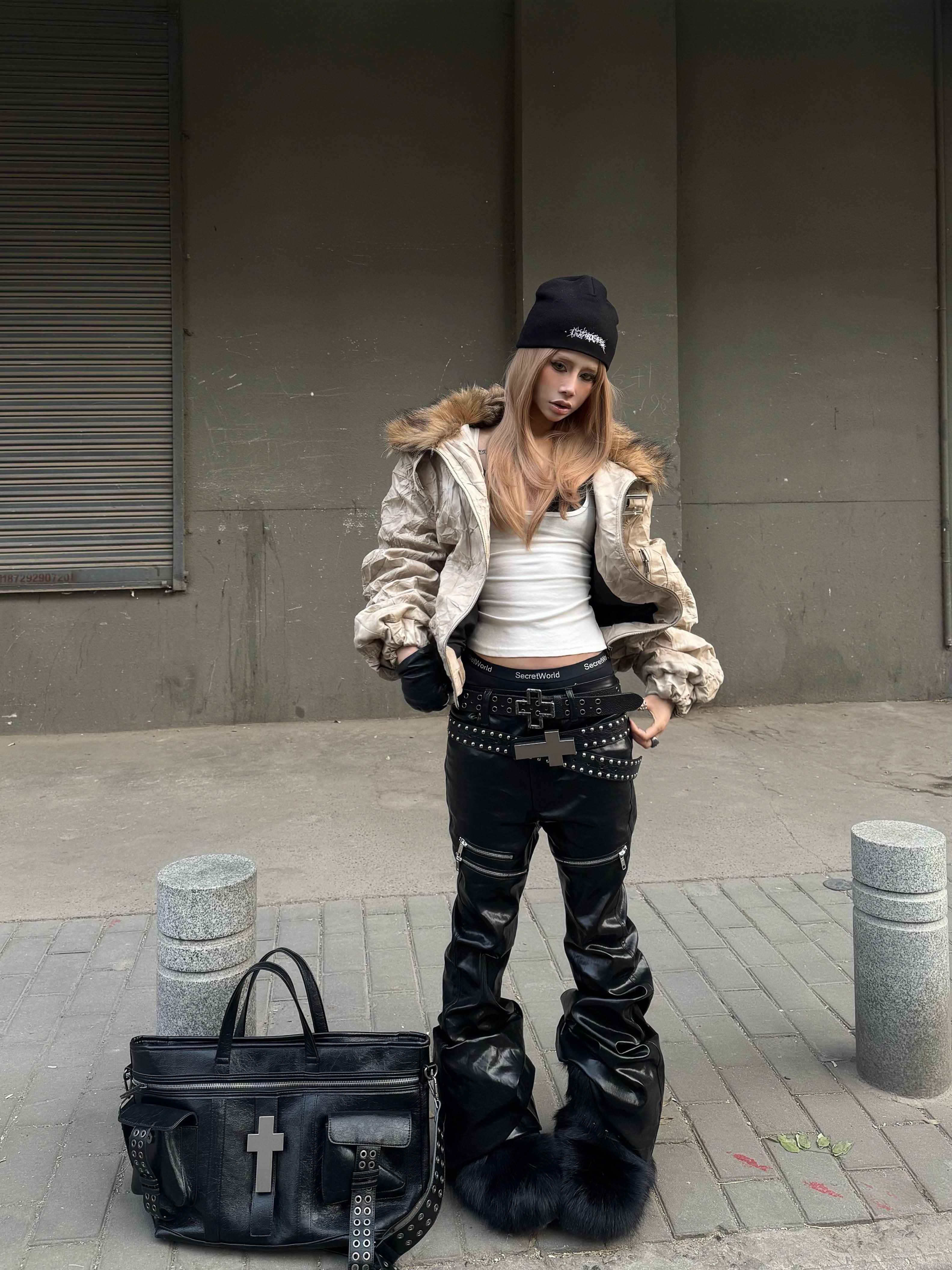 Liquid Metal Coated Wax Pants Flared Jeans