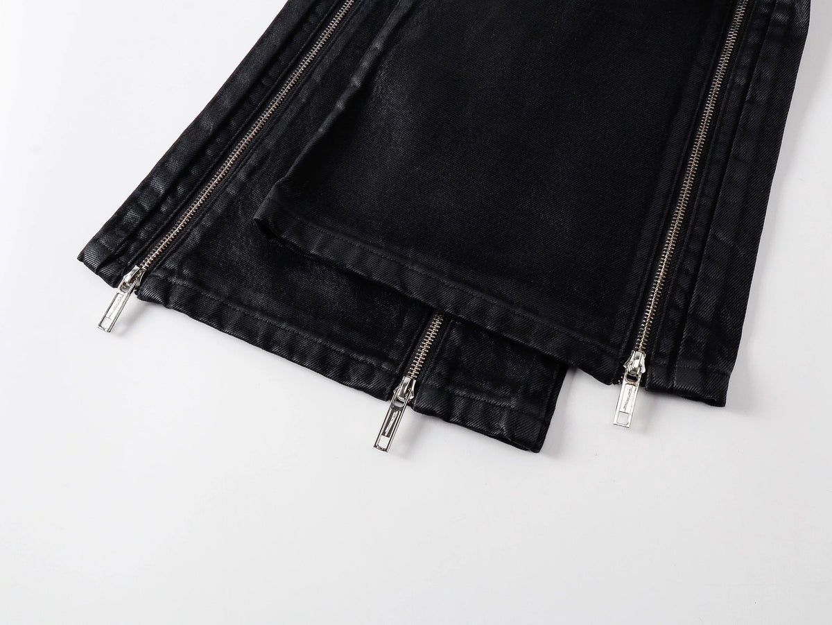 Cross‑Stitch Zip Waxed Denim Flare Pants