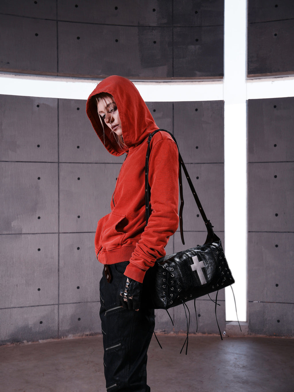 Red Washed Zip-Up Skinny Hoodie