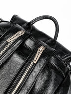 Multi-Zipper Cracked Leather Backpack, Multi-Pocket School Bag