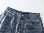 Wax‑Coated Blue Gel 3D Whisker Wide‑Leg Straight‑Fit Jeans