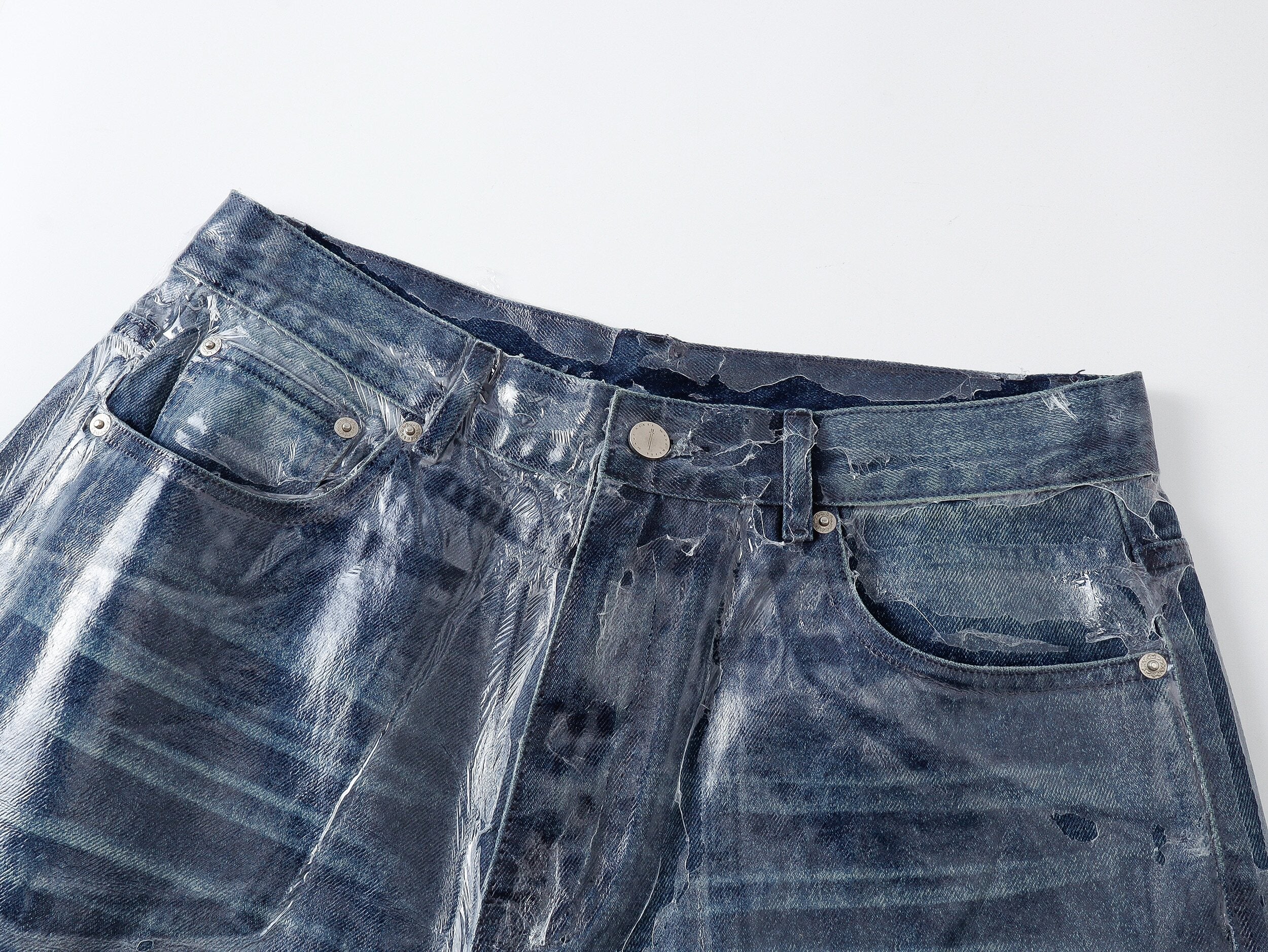 Wax‑Coated Blue Gel 3D Whisker Wide‑Leg Straight‑Fit Jeans