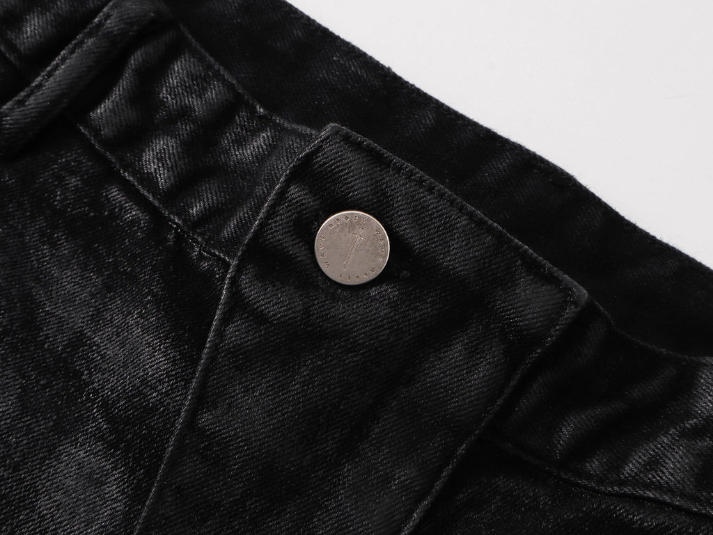 Rivet Straight Waxed Denim Pants, Skinny Fit