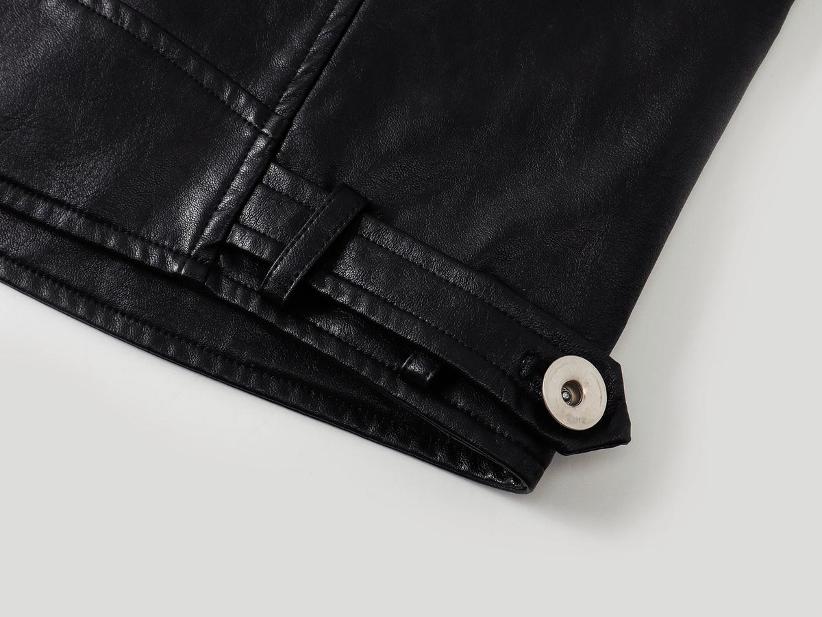 Placket Double-Breasted Stand Collar Leather Jacket
