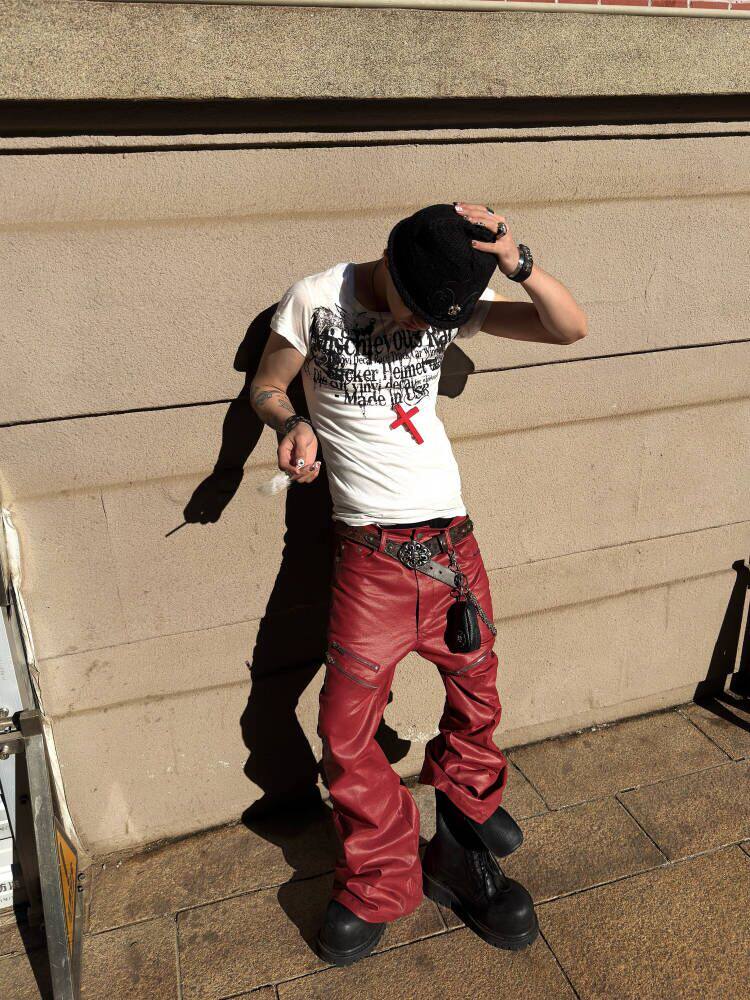 Liquid Metal Red Coated Waxed Flared Jeans