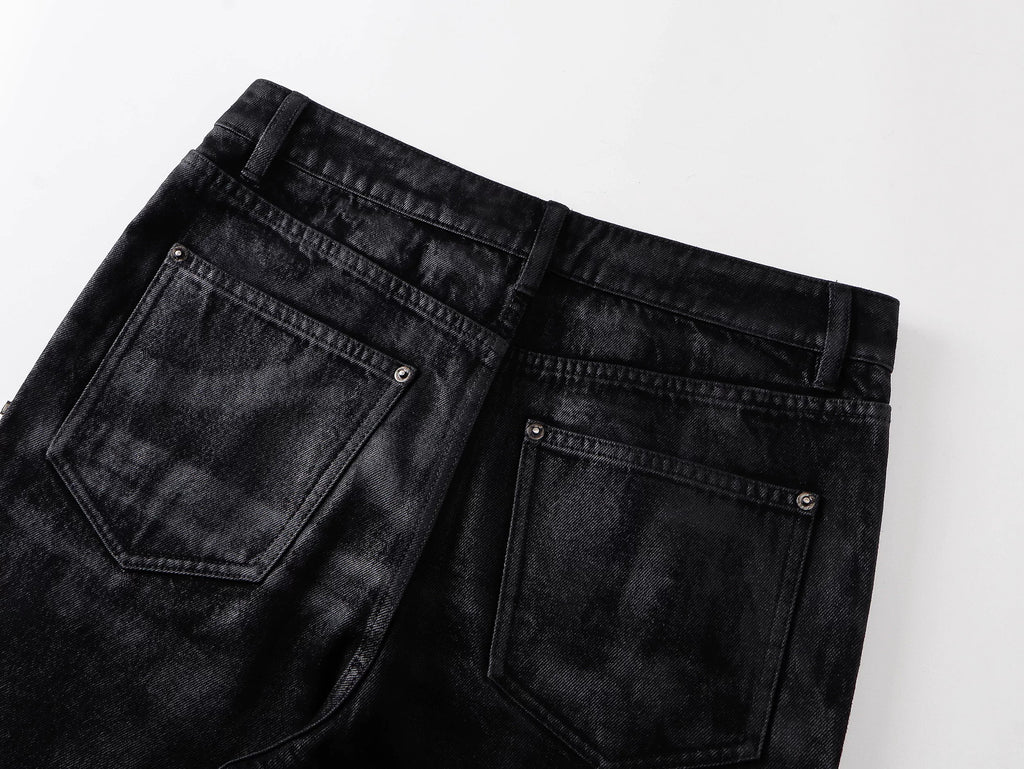 Cross‑Stitch Zip Waxed Denim Flare Pants