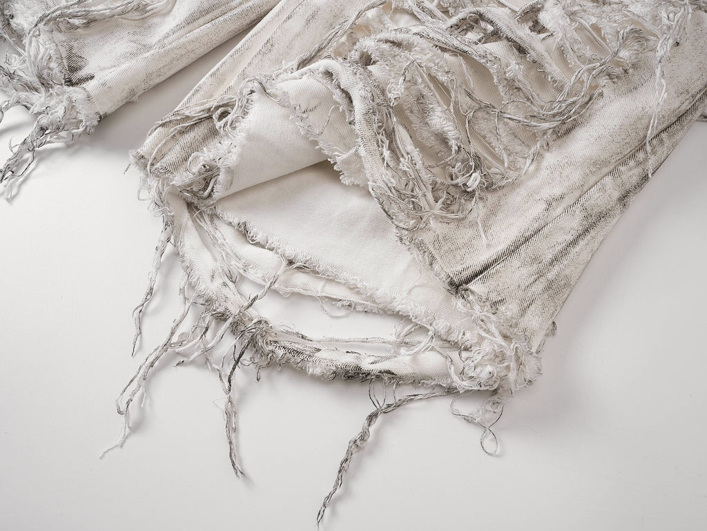White Distressed Waxed Cropped Wide Leg Pants