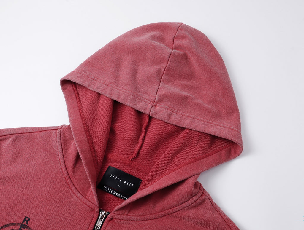 Red Washed Zip-Up Skinny Hoodie
