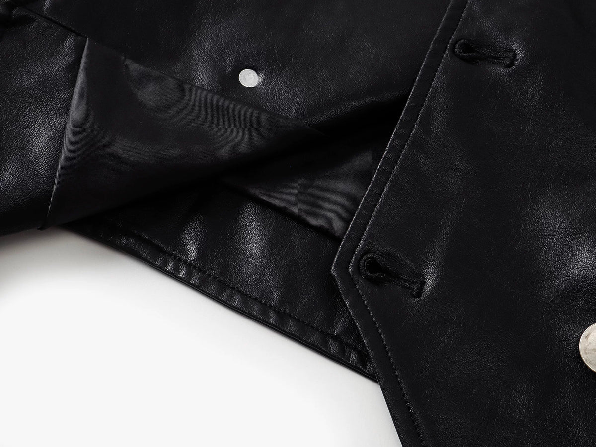 Placket Double-Breasted Stand Collar Leather Jacket