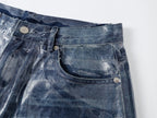 Wax‑Coated Blue Gel 3D Whisker Wide‑Leg Straight‑Fit Jeans