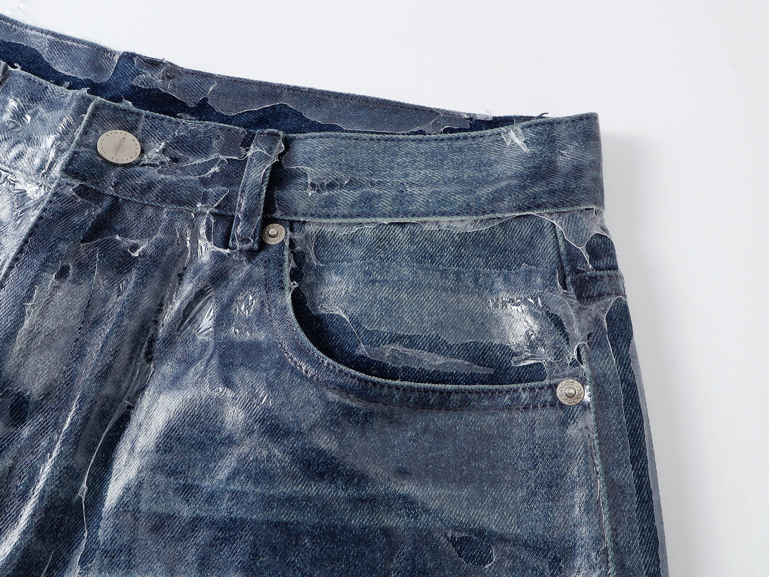 Wax‑Coated Blue Gel 3D Whisker Wide‑Leg Straight‑Fit Jeans