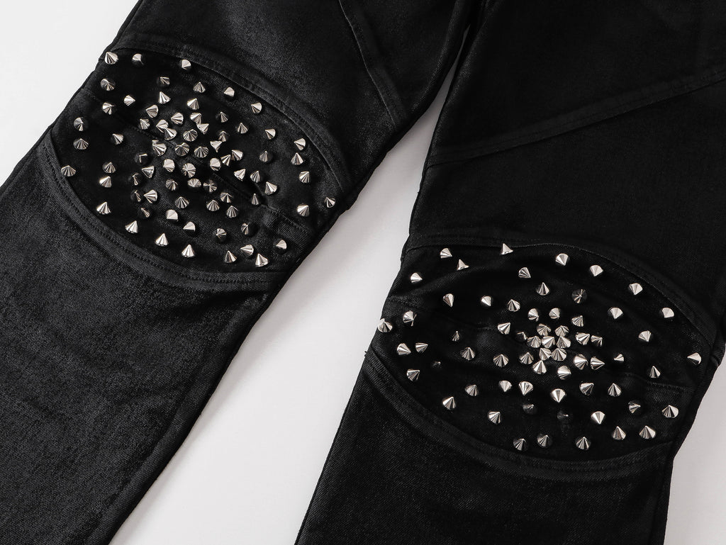 Rivet Straight Waxed Denim Pants, Skinny Fit