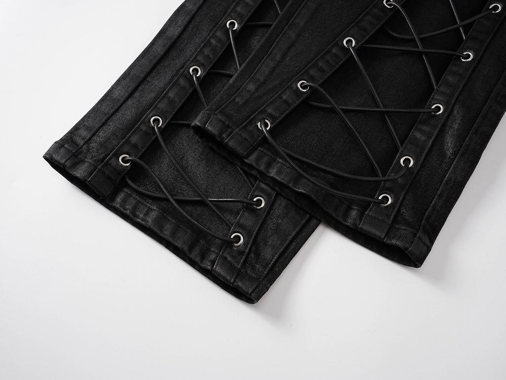 Waxed Straight-Leg Jeans with Wax Coating & Strap Details