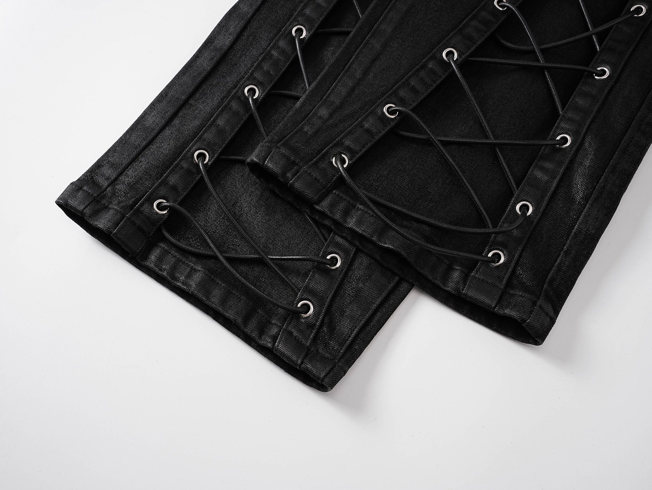 Waxed Straight-Leg Jeans with Wax Coating & Strap Details
