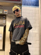 Leopard Print Washed Fake Two-Piece Long Sleeve Tee