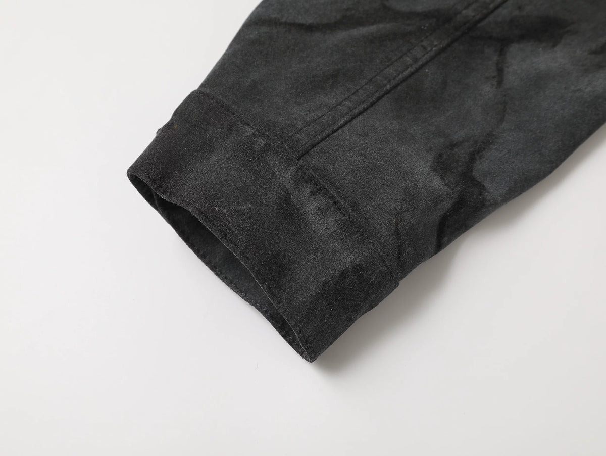 Suede Washed Distressed Jacket, Dirty Creased Denim Outerwear