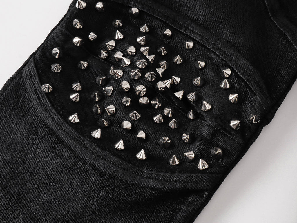 Rivet Straight Waxed Denim Pants, Skinny Fit