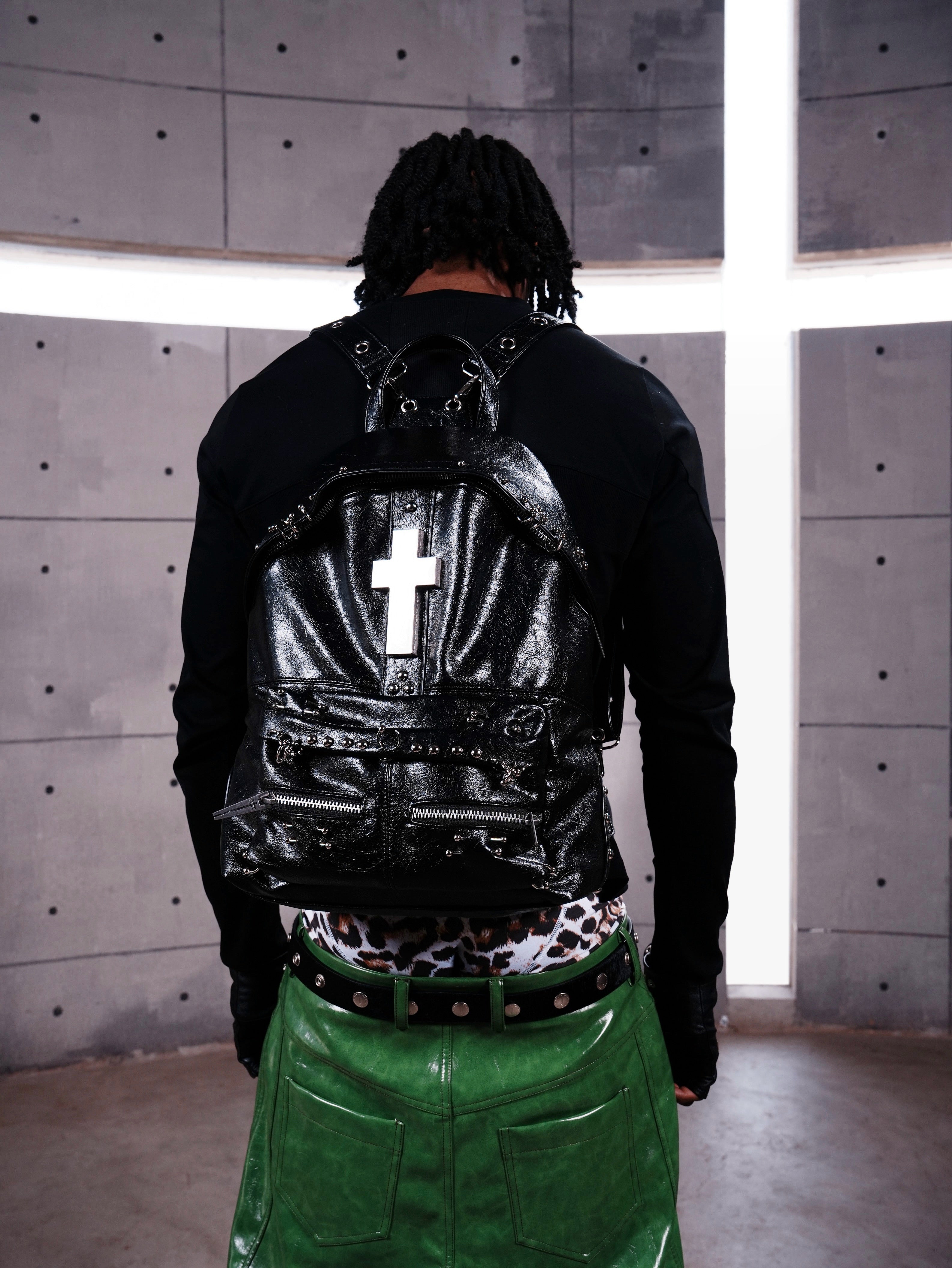 Cross-Shaped Cracked Leather Backpack