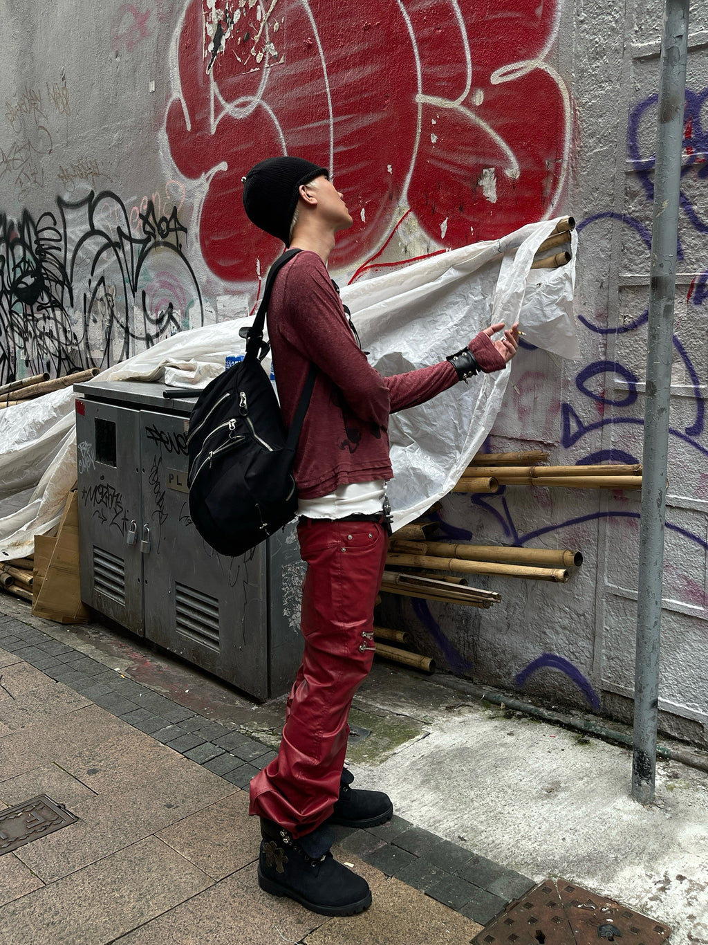 Liquid Metal Red Coated Waxed Flared Jeans
