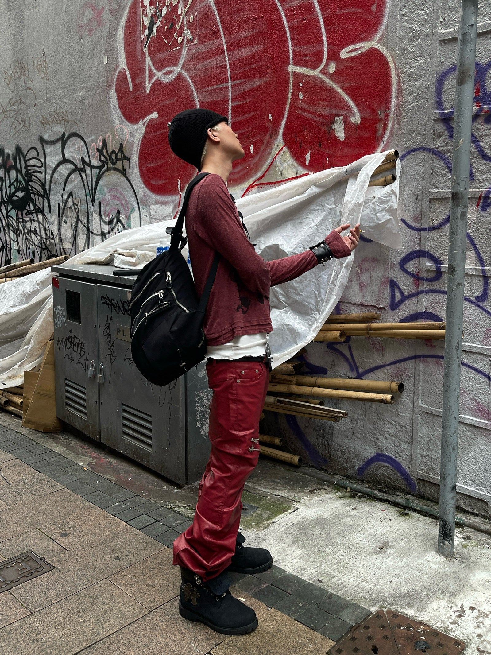 Liquid Metal Red Coated Waxed Flared Jeans