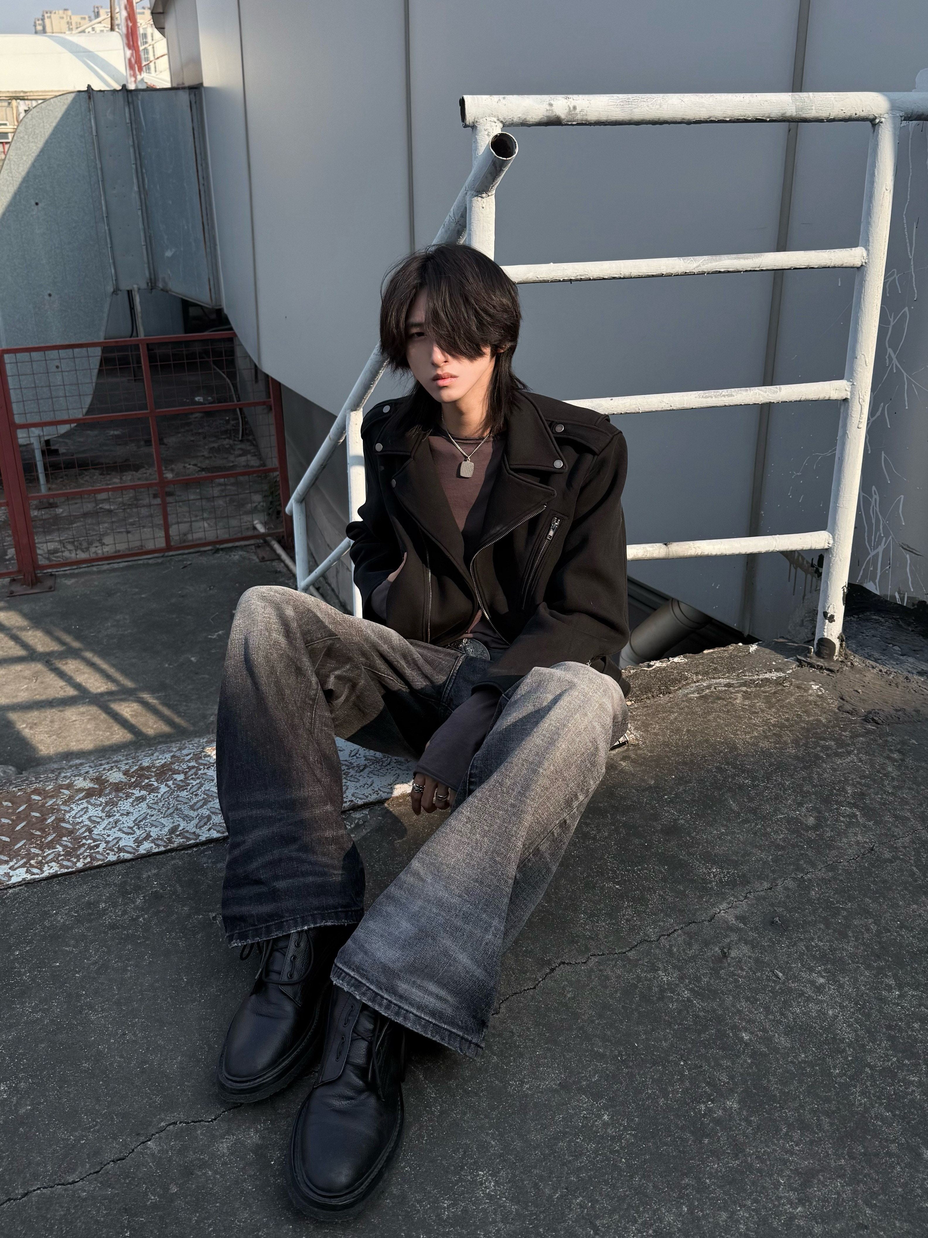 Two-Tone Washed Jeans, Yin-Yang Whisker Denim Pants