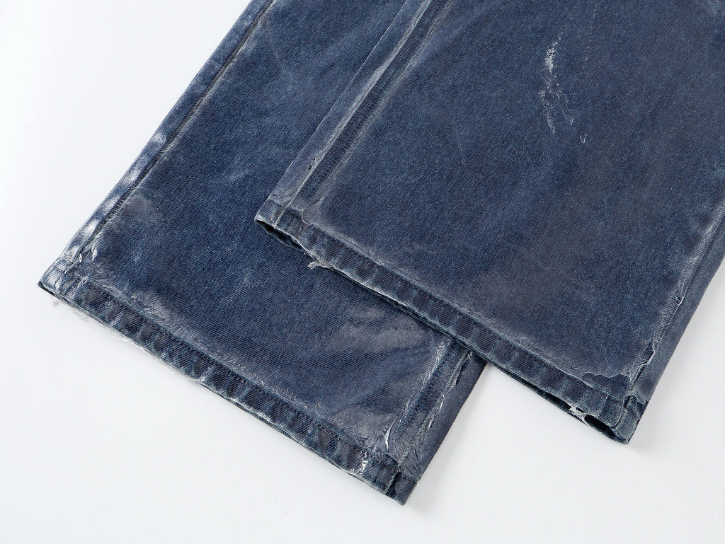Wax‑Coated Blue Gel 3D Whisker Wide‑Leg Straight‑Fit Jeans