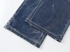 Wax‑Coated Blue Gel 3D Whisker Wide‑Leg Straight‑Fit Jeans