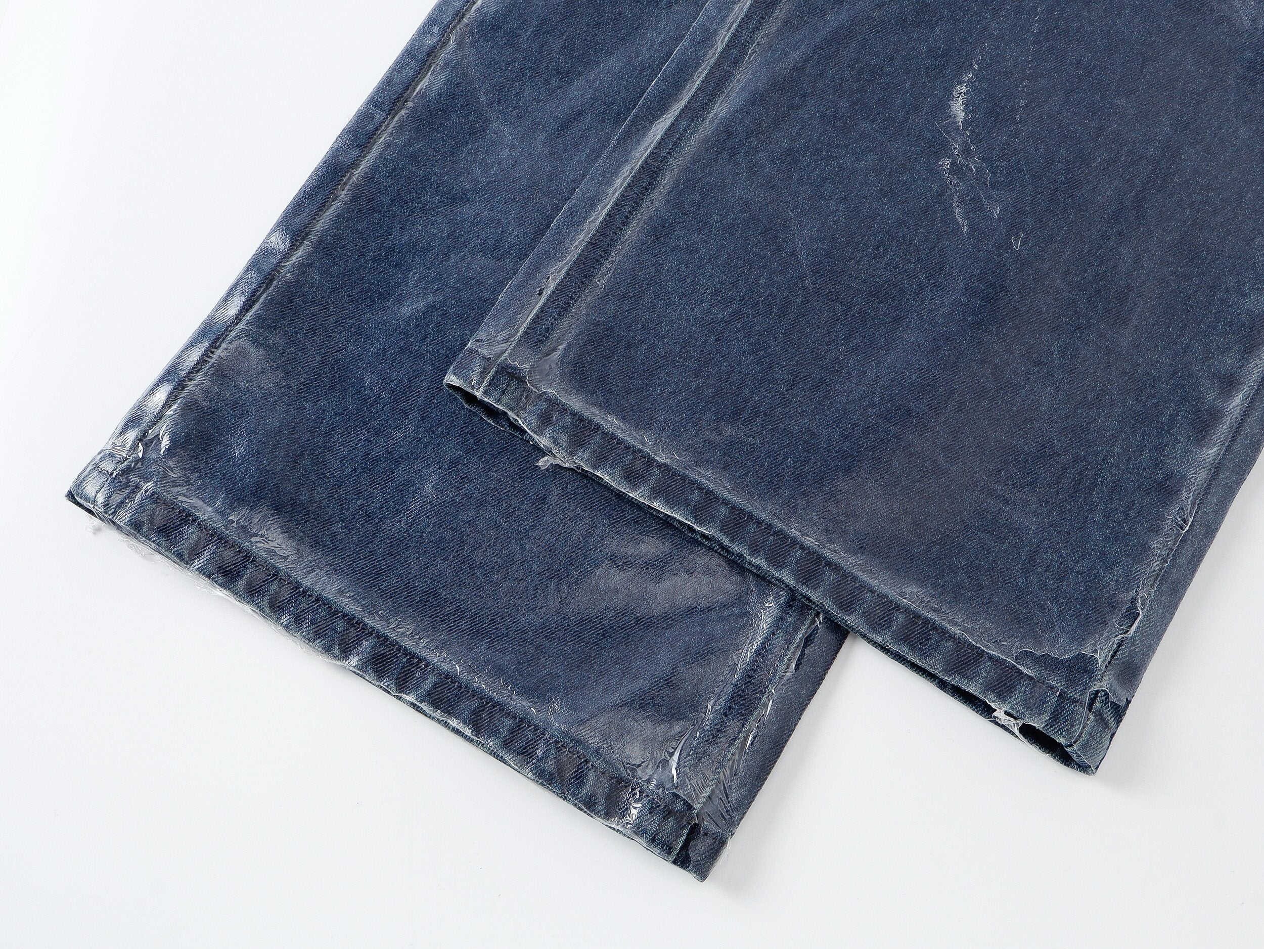 Wax‑Coated Blue Gel 3D Whisker Wide‑Leg Straight‑Fit Jeans