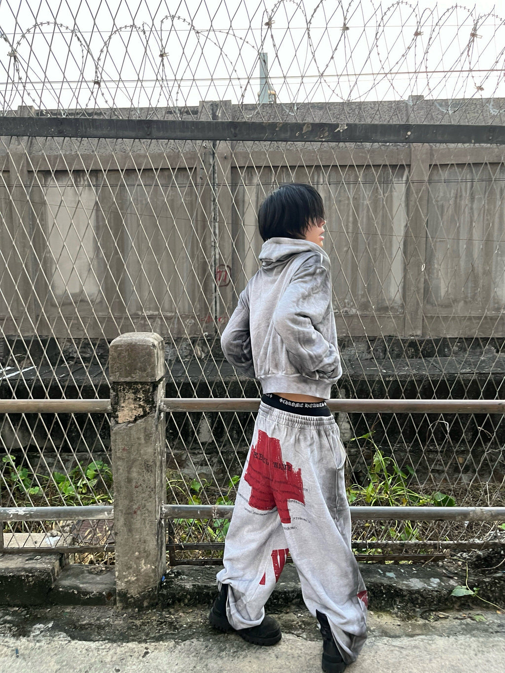 Distressed Reversible Slogan Sweatpants