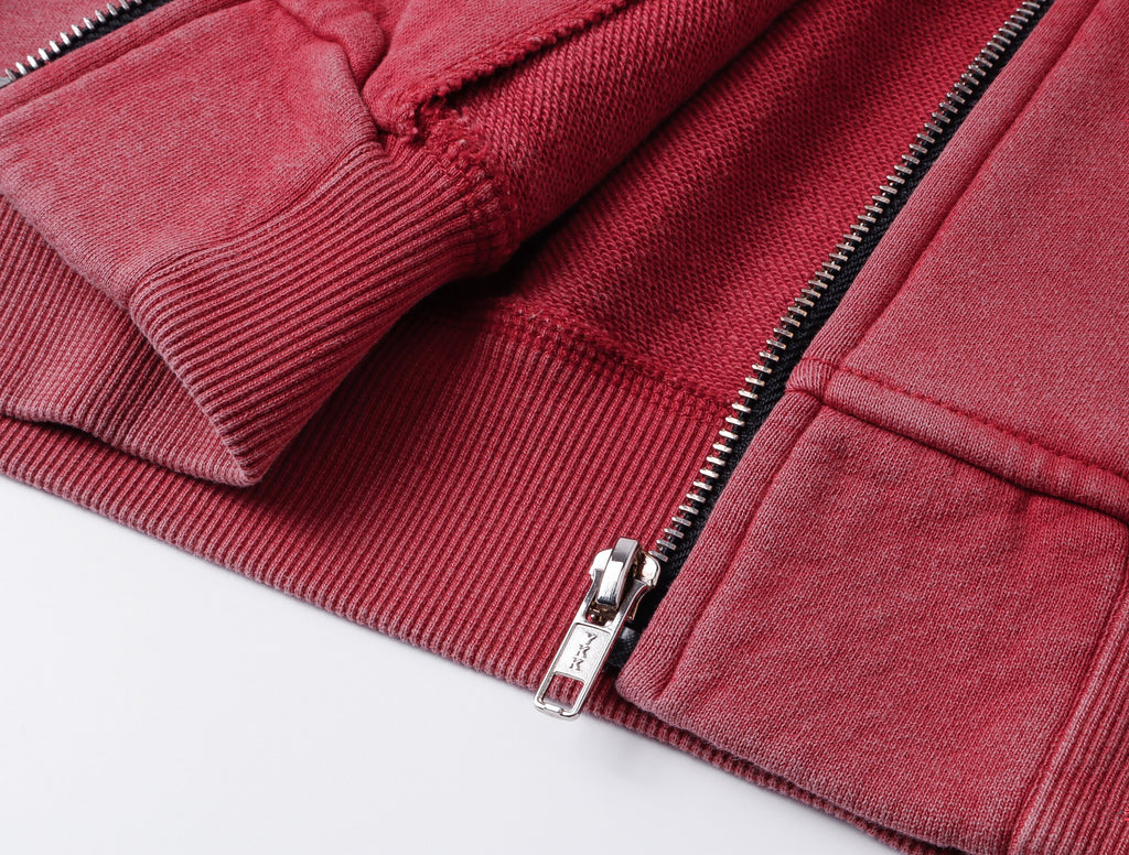 Red Washed Zip-Up Skinny Hoodie